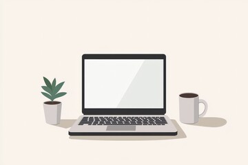 Fototapeta premium A minimalist home office with natural light, a laptop, and coffee mug, cozy and productive