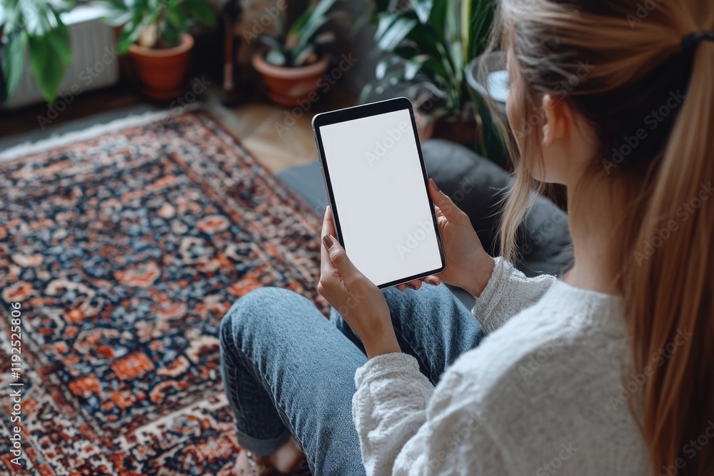 Poster a person sitting on a couch holding a smartphone, possibly browsing or texting