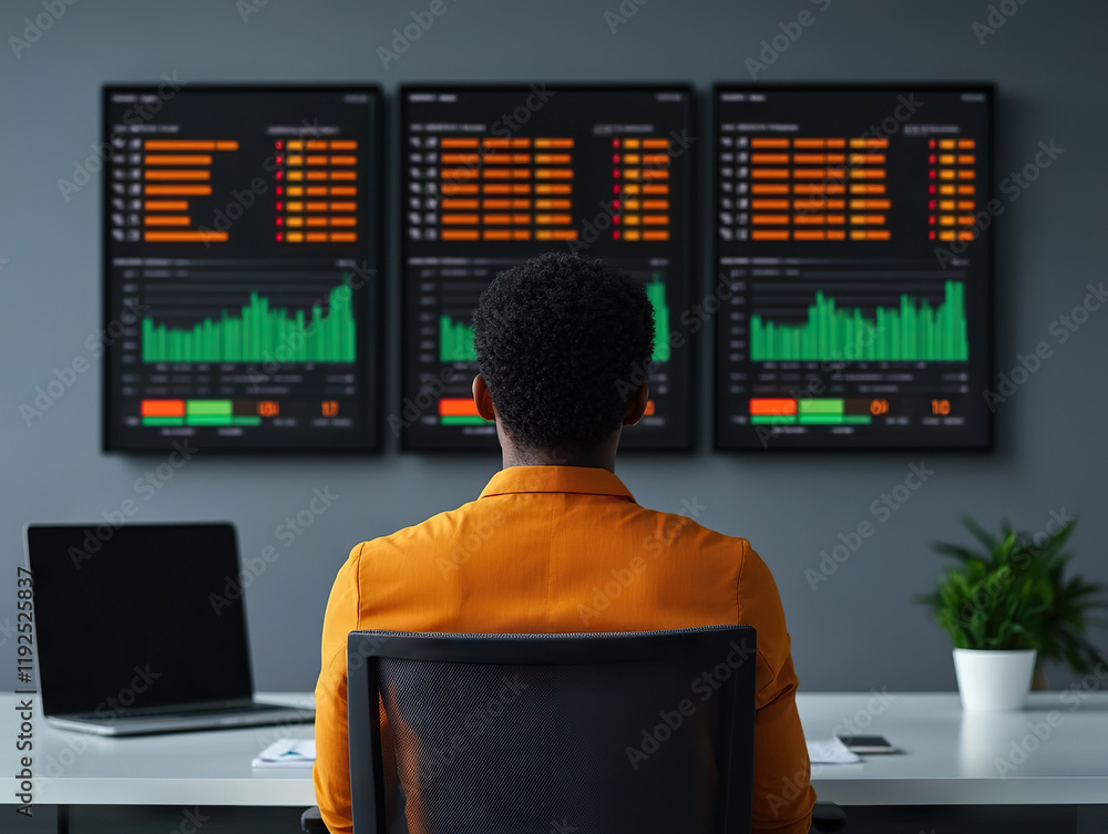 Poster professional analyzing financial data on multiple monitors in modern office