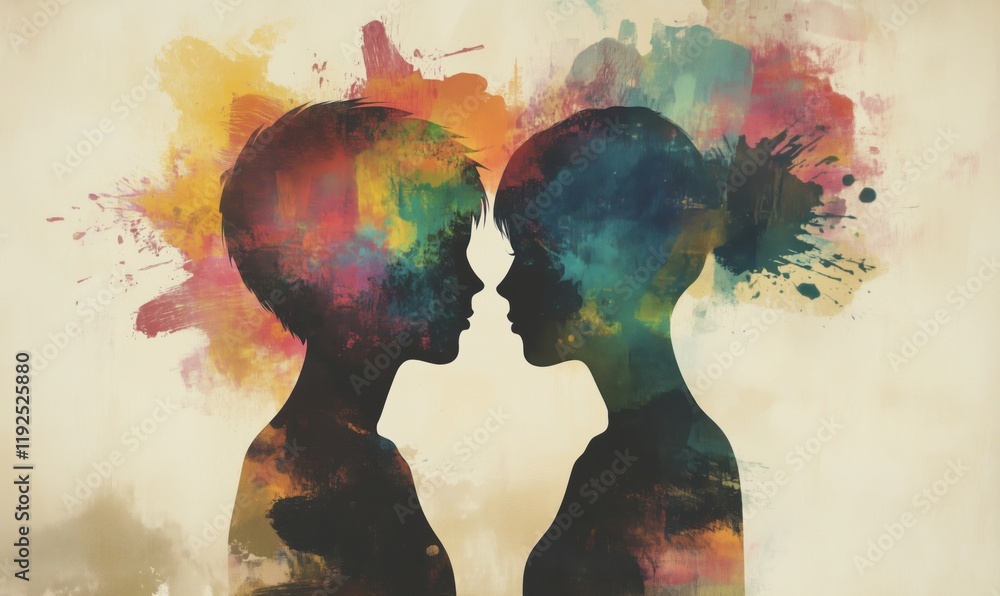 Poster silhouettes of two faces with colorful abstract background representing connection and emotion