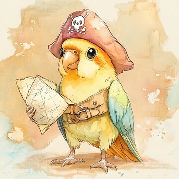 A charming watercolor-style illustration of a parrot wearing a pirate hat with a treasure map in its wing, standing against a warm sand-colored background to evoke a playful adventure theme