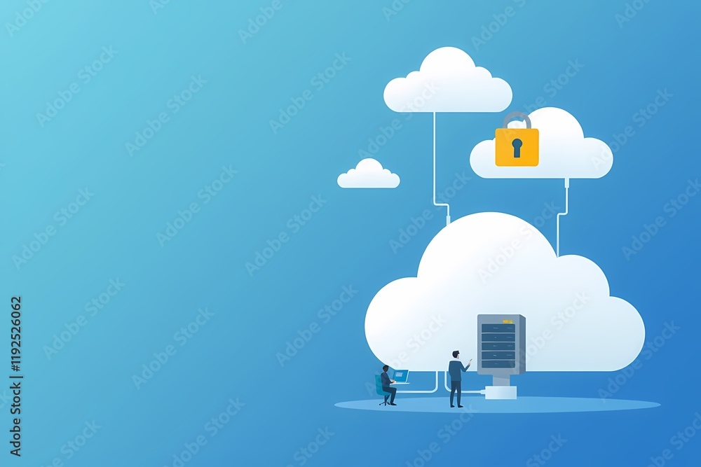 Poster secure cloud computing: a minimalist illustration depicting two professionals working with a server 