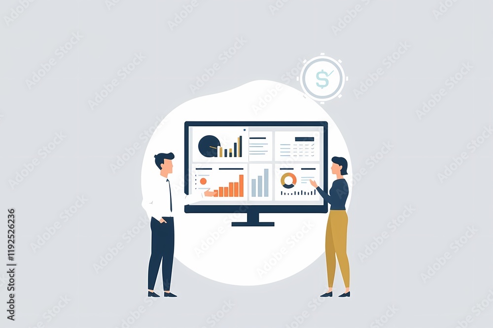 Poster data-driven decision-making: two colleagues, a man and a woman, stand before a large monitor display