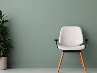 modern minimalist chair with wooden legs and white seat placed near green wall and potted plant