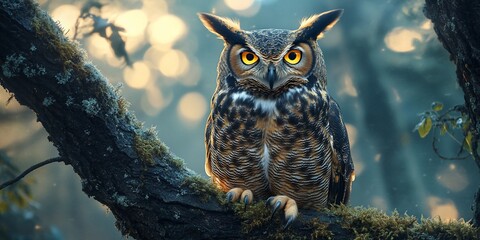 Majestic owl perched on forest branch at dawn