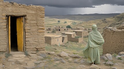 A woman in traditional clothing stands overlooking a remote village of mud-brick houses nestled in a mountainous landscape under a dramatic, stormy sky.