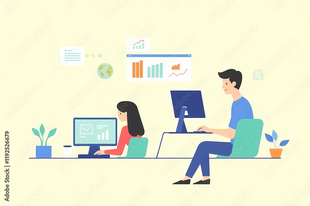 Poster collaborative workspace: a stylish illustration of two colleagues working together on desktop comput