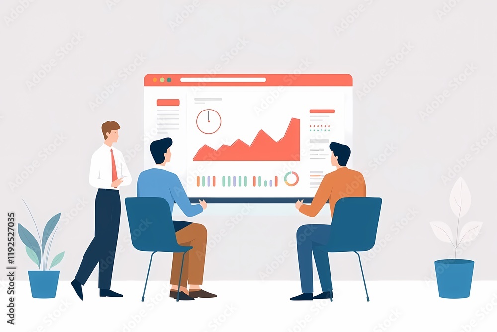 Poster business data analysis: a team of three business professionals collaborates around a large monitor d