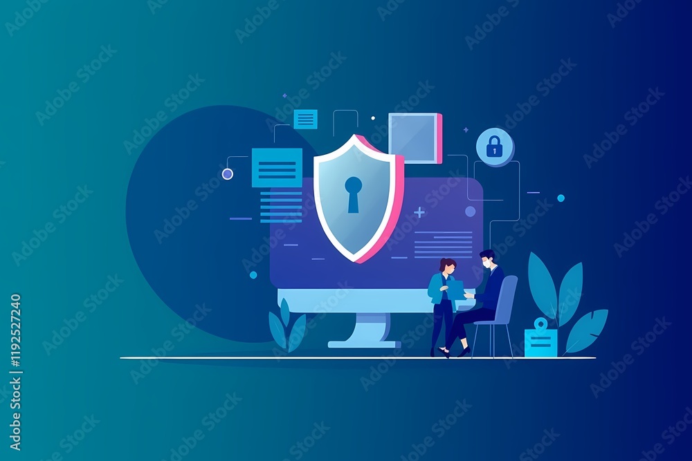 Poster cybersecurity shield: a vibrant illustration depicts two figures working on a computer, safeguarded 