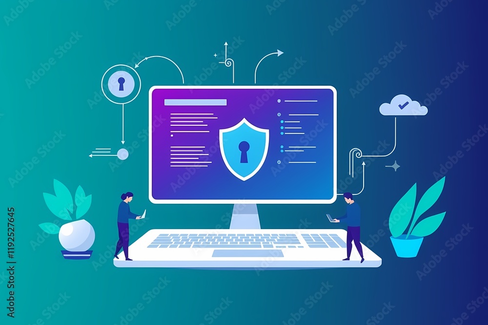 Poster cyber security & data protection: two stylized figures stand beside a large computer screen, symboli