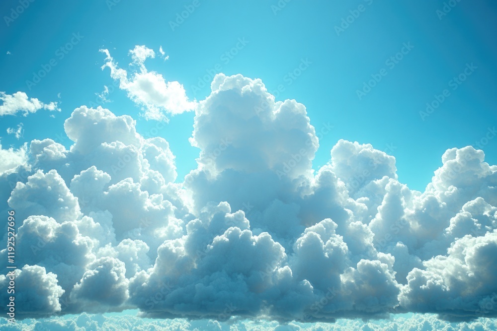 Poster a large cloudy sky with a small plane flying through the clouds, perfect for use in travel or advent