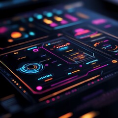 Obraz premium A glowing AI interface in retro-futuristic style, featuring pixel art holograms, smooth toggle sliders, and a vibrant color palette