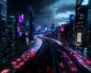 A glowing city grid overlay with holographic neon skyscrapers, moving pixelated vehicles, and vibrant retro data visuals