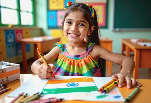 Smiling Indian Schoolgirl Drawing National Flag in Classroom