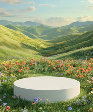 White Circular Platform Amidst a Blooming Wildflower Field with Rolling Hills Generative AI