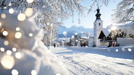 Fototapeta premium picturesque winter scene featuring snow covered village, charming buildings, and church steeple. bright sunlight enhances serene atmosphere