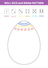 Roll dice and draw pattern. Easter drawing game. Draw pattern on Easter egg. Activity for kids. Education for toddler. Isolated vector illustration eps 10