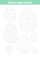 Trace and color. Easter eggs. Handwriting practice. Activity for kids. Education for toddler. Preschool or kindergarten handwriting practice. Isolated vector illustration eps 10
