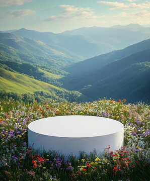 White Circular Platform Amidst a Blooming Wildflower Field with Rolling Hills Generative AI
