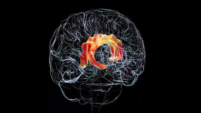 Cingulate gyrus, involved in emotion regulation, decision-making, and linked to depression, anxiety, and obsessive-compulsive disorder, highlighted in human brain, 3D animation.