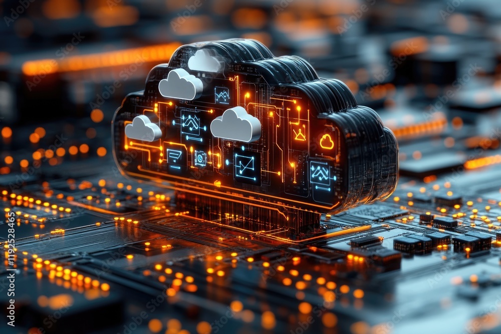 Poster cloud formation on a electronic circuit board with led lights, suitable for technology or innovation