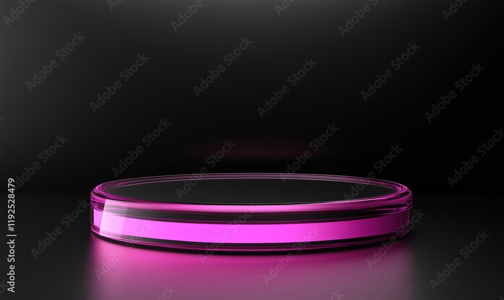 Poster glossy pink circular display platform with reflective surface and black background for showcasing pr