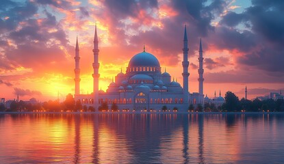 Naklejka premium Majestic Mosque at Sunset Reflected in Water