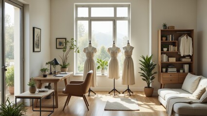 Obraz premium Linen casual wear showcased on mannequins in a serene workspace with eco inspired decor