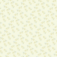 Light pastel seamless floral pattern with small blue blossoms and looping leafy stems, ideal for baby textiles, stationery, and charming spring designs.