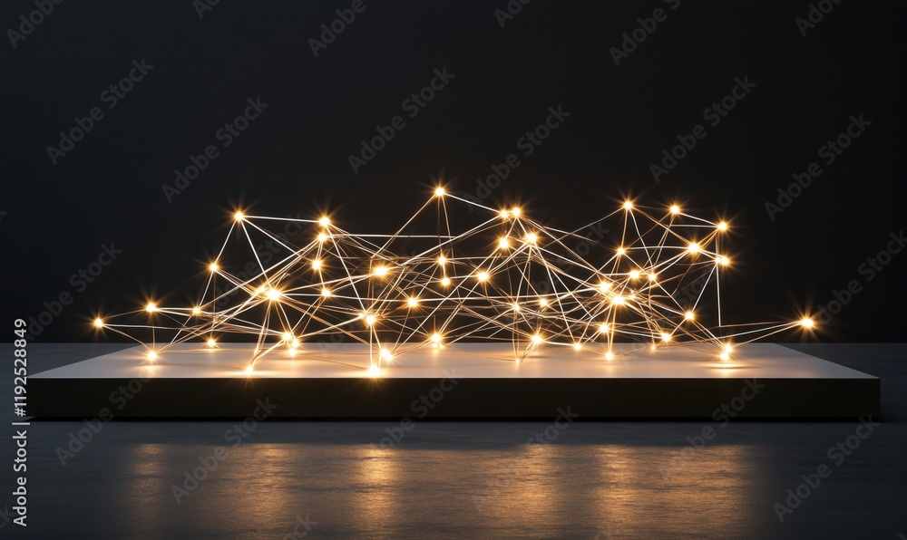 Poster illuminated network structure with bright nodes and connecting lines on display platform