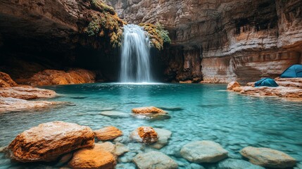 Naklejka premium Waterfall cascading into a serene lake surrounded by lush forests on a sunny day