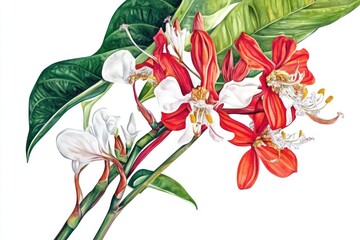 A close-up shot of a bright red flower surrounded by green leaves