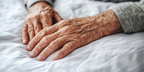 Fototapeta premium Senior man resting hands on white sheets, showing wrinkles and age