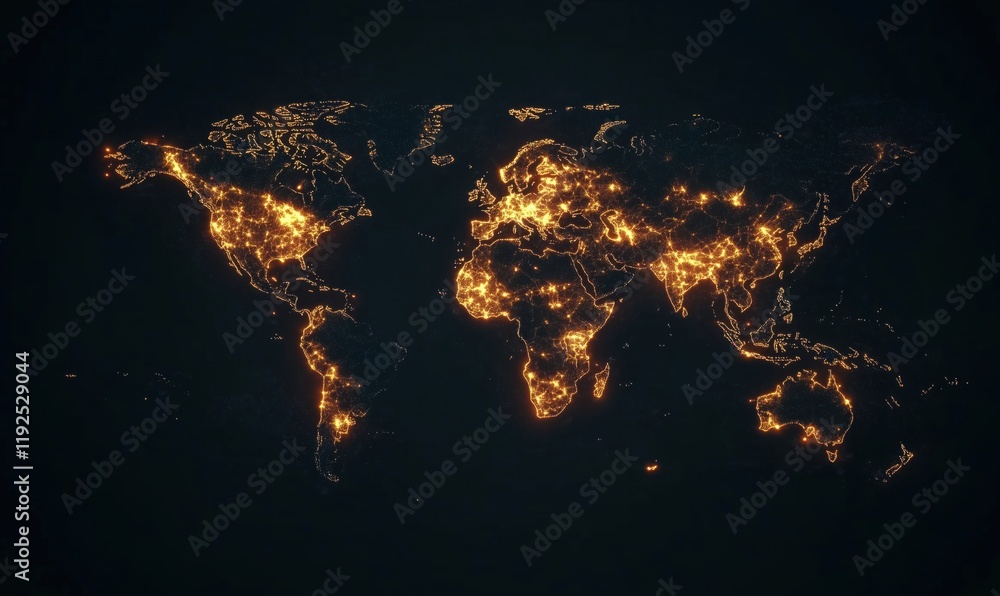 Poster illuminated world map depicting global urban areas and population density with bright light patterns