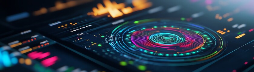 A retro-inspired digital control panel featuring neon holographic switches, glowing radar graphics, and vibrant data animations