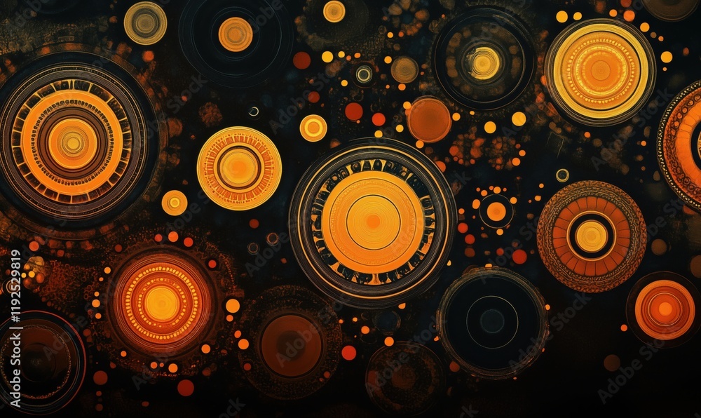 Poster abstract circular patterns in warm orange and black tones, featuring concentric circles and dots, cr