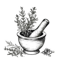Hand-drawn mortar and pestle with herbs and spices. © Edik
