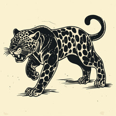 Stylized leopard with open mouth in black and white.