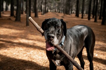 Great Dane holding a stick in its mouth in a sunlit forest setting, showcasing its playful nature