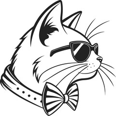 Cool Cat with Sunglasses, Bowtie and Collar in Black and White Illustration