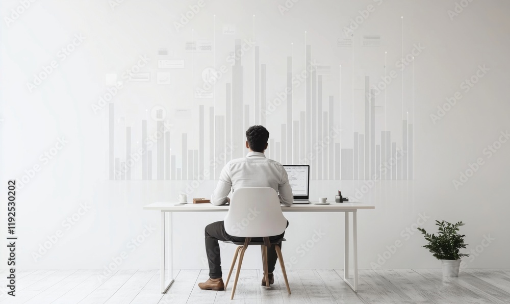 Poster data analysis and visualization in modern workspace with man working on laptop, minimalist design, c