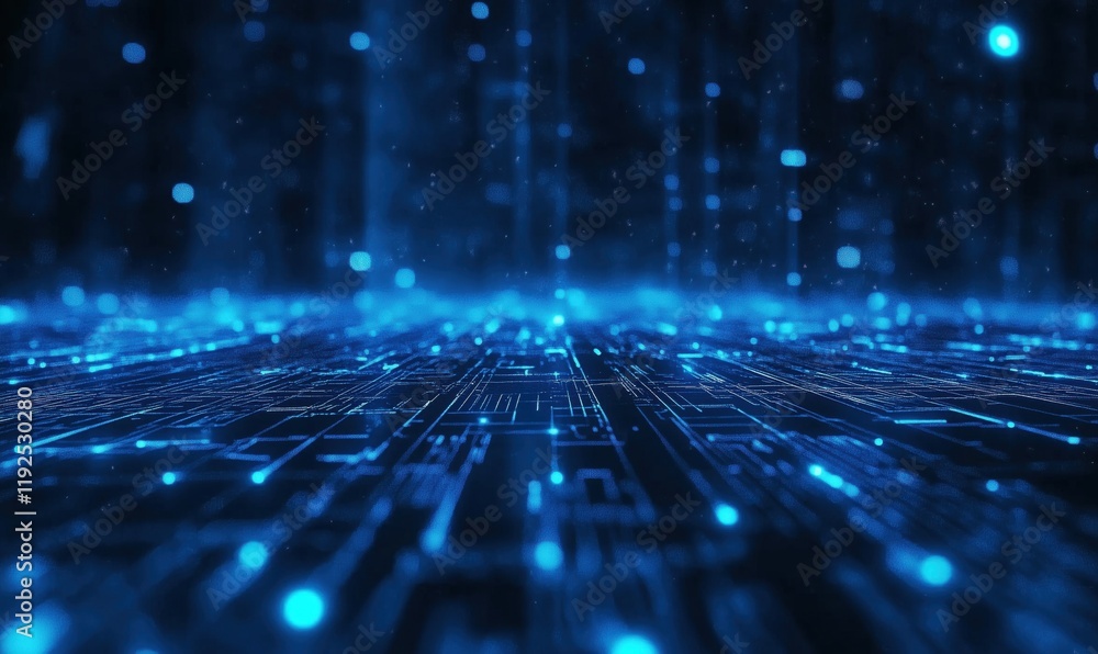 Poster futuristic digital landscape with glowing blue circuit patterns and data streams, representing techn