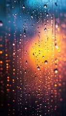Rain drops on window with blurred city lights background at night