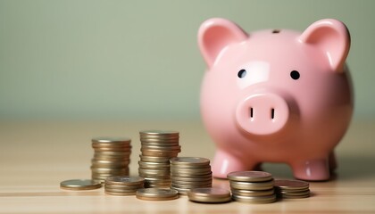 Piggy bank with a stack or pile of metal coins