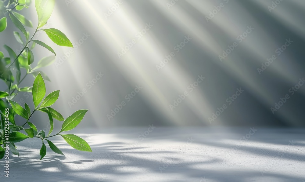 Poster sunlight illuminating green leaves on a soft surface, creating a serene and tranquil atmosphere with