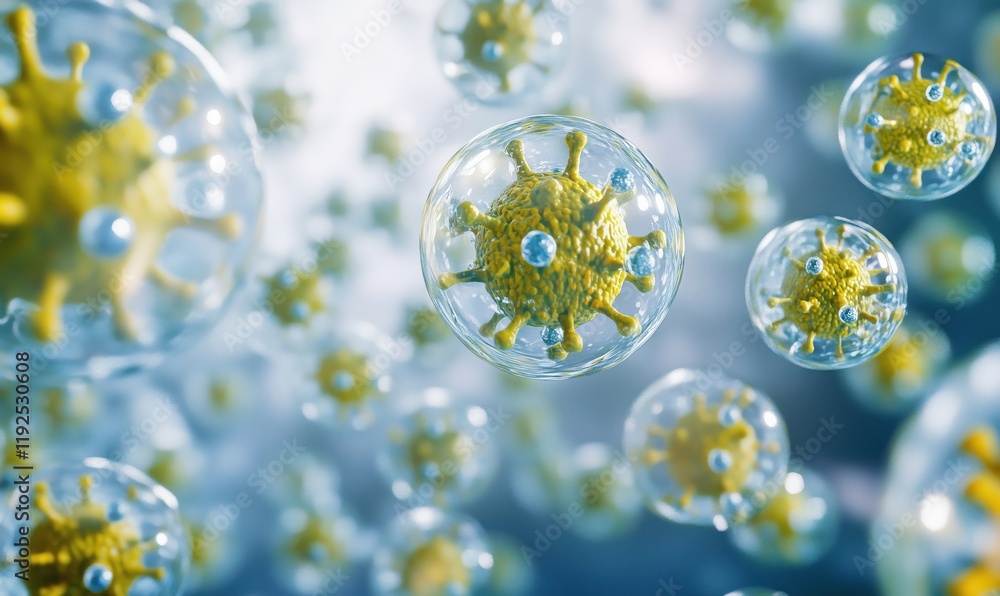 Poster microscopic view of virus particles in a fluid environment, showcasing spherical structures with spi
