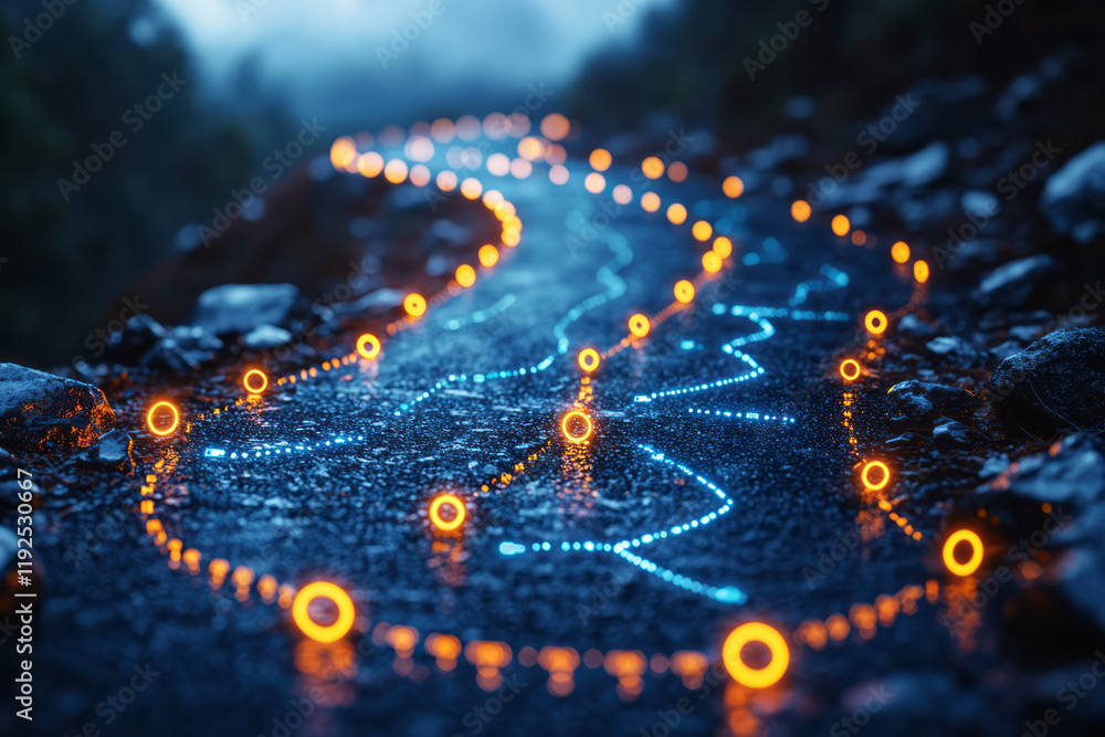 Poster a conceptual road map with big data icons along the route, a fluffy cloud at the endpoint, and segme