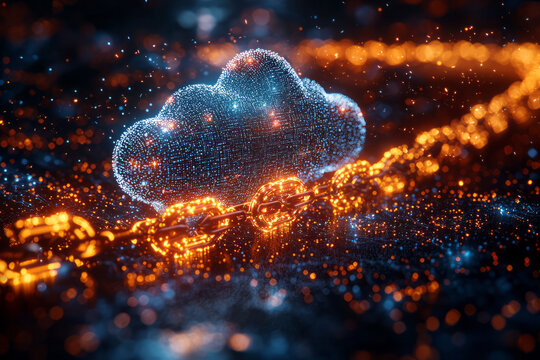 A conceptual road map with big data icons along the route, a fluffy cloud at the endpoint, and segmented chain links showing the path&acirc;&euro;&trade;s security,