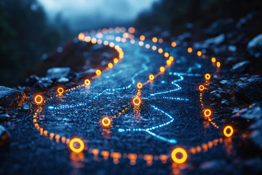 A conceptual road map with big data icons along the route, a fluffy cloud at the endpoint, and segmented chain links showing the path&acirc;&euro;&trade;s security,