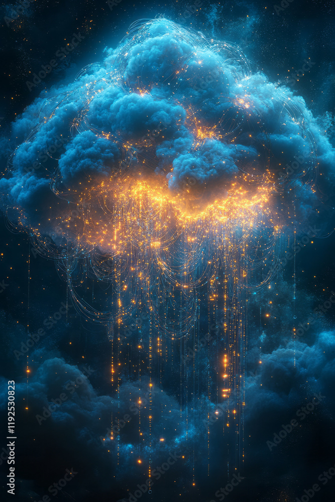 Poster stylized labyrinth of code lines, weaving into a large cloud shape, big data nodes swirling inside, 